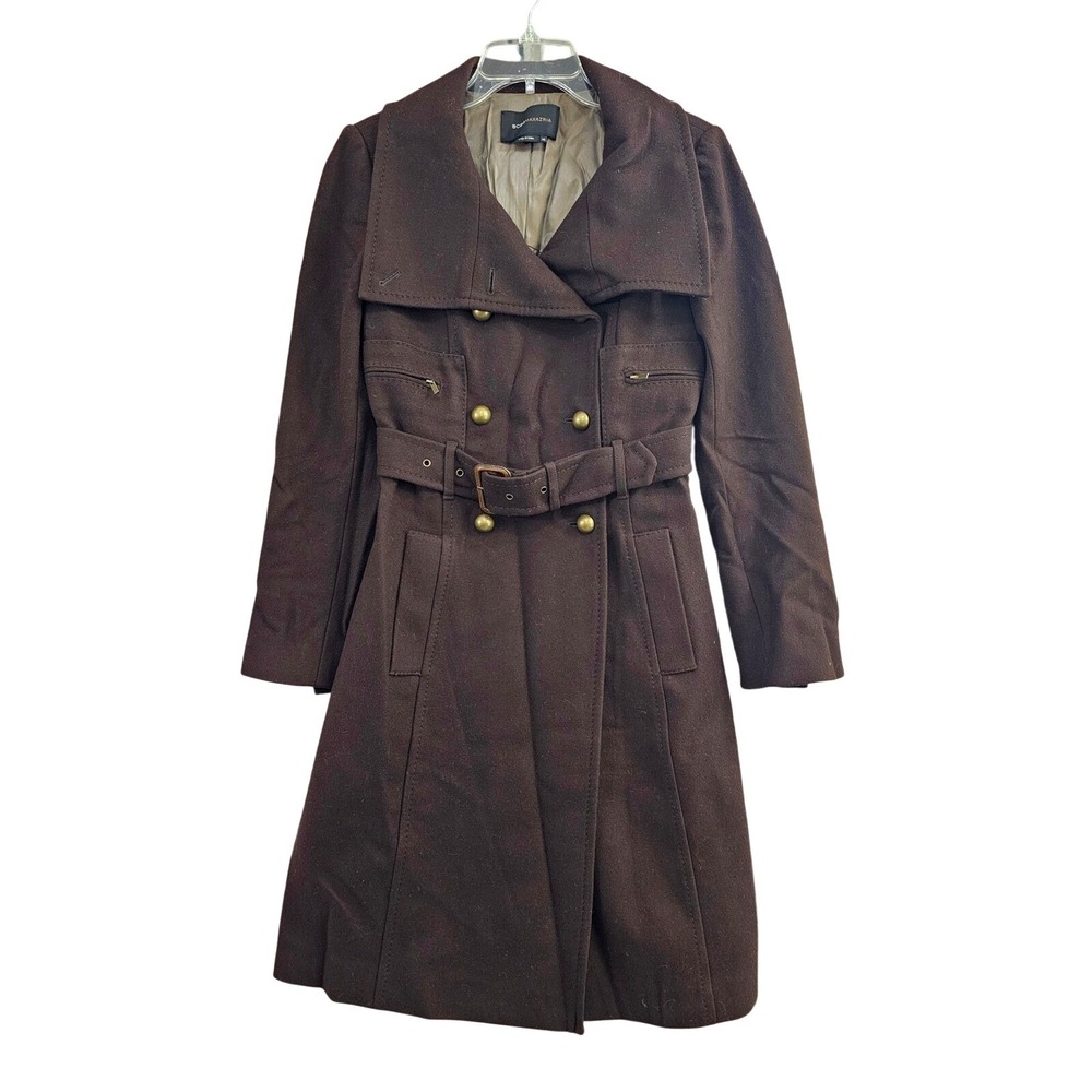 BCBGMAXAZRIA Trench Coat Women XS Brown Wool Cashmere Belted Double Breasted euc